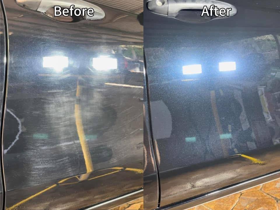 Black car door before and after paint correction